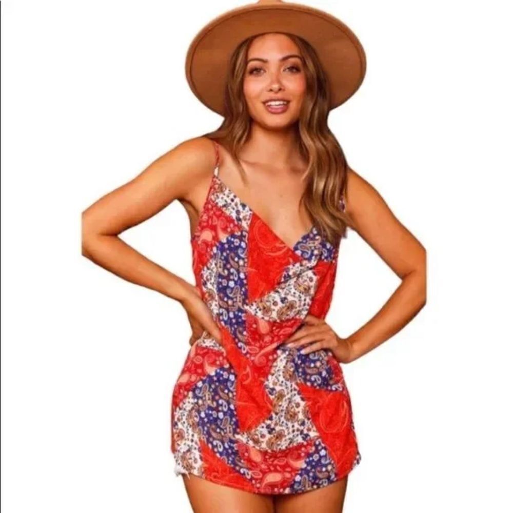 Boho Bandana Print Cowl Neck Cami Tank Red w/Blue Large